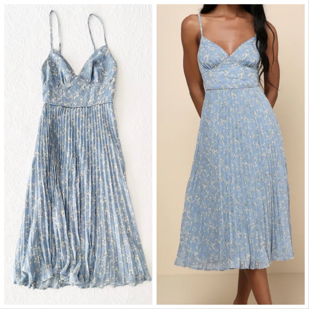Nwot Lulus Darling Favorite Light Blue Floral Sleeveless Pleated Midi Dress Xs